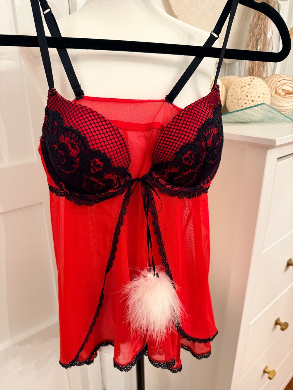 La SENZA Red & Black Lace Mesh Babydoll Chemise